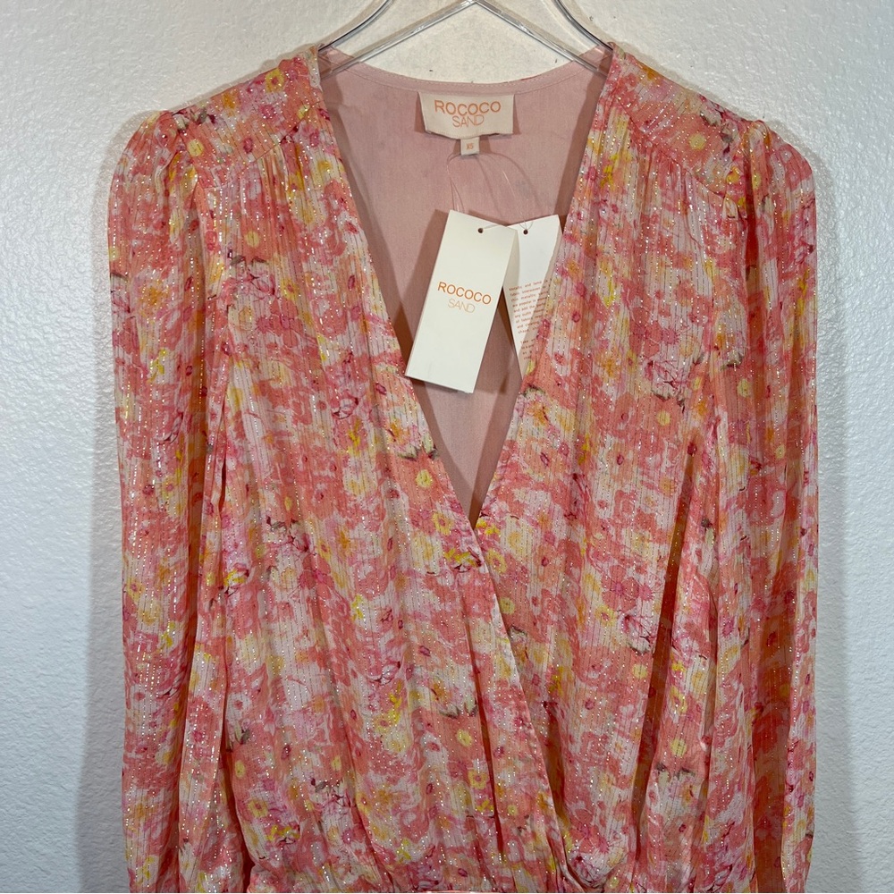 ROCOCO SAND Faye Pink Metallic Floral Wrap Bodysuit - Picture 3 of 10